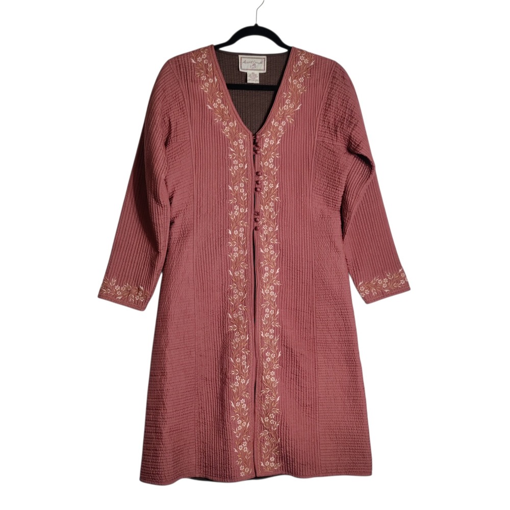 April Cornell Quilted Silk Duster Jacket XS Mauve Floral Embroidered Long Coat